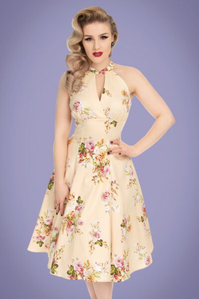50s Lucinda Floral Swing Dress in Cream