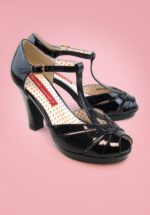 30s Lacey Art Deco T-Strap Pumps in Patent Black