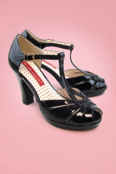 30s Lacey Art Deco T-Strap Pumps in Patent Black
