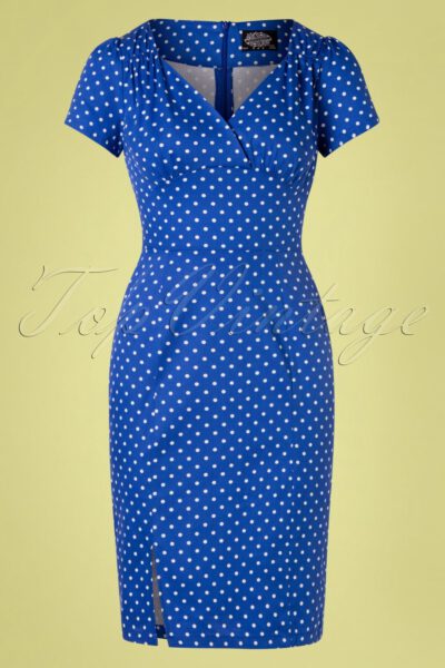 50s Amelia Polkadot Wiggle Dress in Cobalt Blue