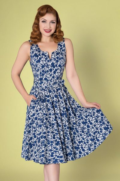 50s Mina Swing Dress in White and Navy