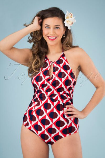 60s Norma Diamond Moon Swimsuit in Red and White