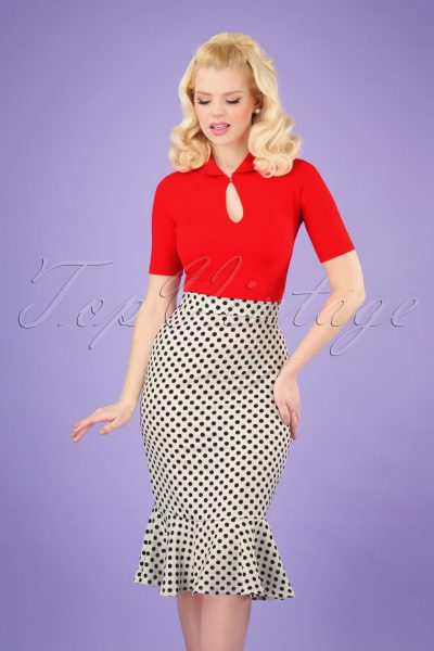 50s Viola Volant Pencil Skirt in White Polka