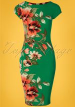 60s Aloha Tropical Floral Pencil Dress in Emerald Green