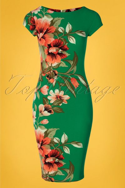 60s Aloha Tropical Floral Pencil Dress in Emerald Green