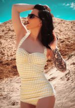 50s Summer Gingham One Piece Swimsuit in Yellow and White