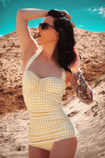 50s Summer Gingham One Piece Swimsuit in Yellow and White