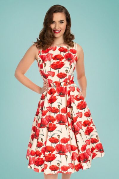 50s Sweet Poppy Swing Dress in Cream