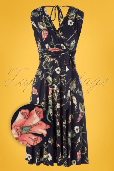 50s Jane Floral Midi Dress in Navy