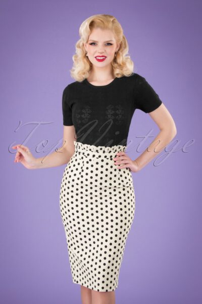 50s Polka Frill Pencil Skirt in White