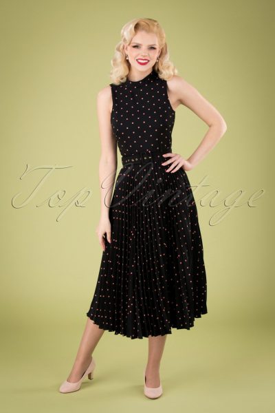 50s Penny Polkadot Pleated Dress in Black and Pink