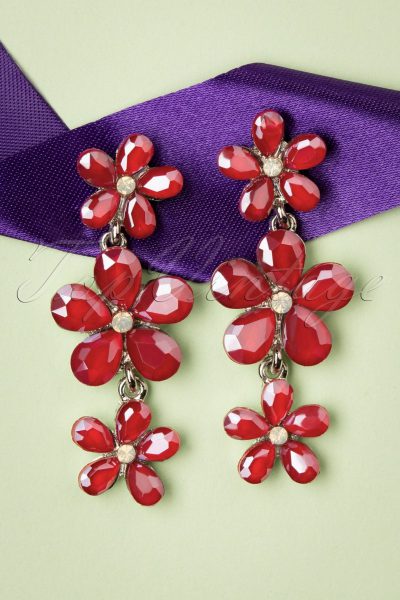 50s Julia Crystal Flower Earrings in Red