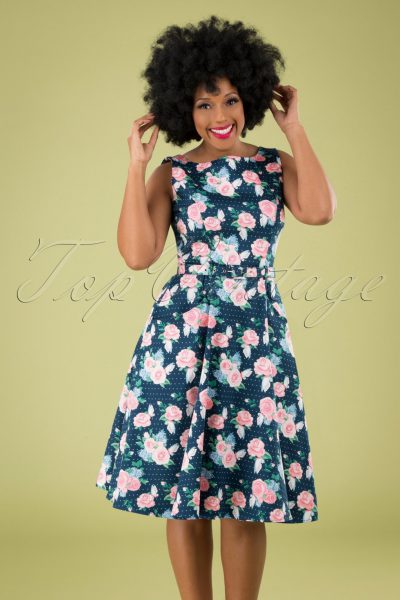 50s Hepburn Pretty Floral Swing Dress in Navy