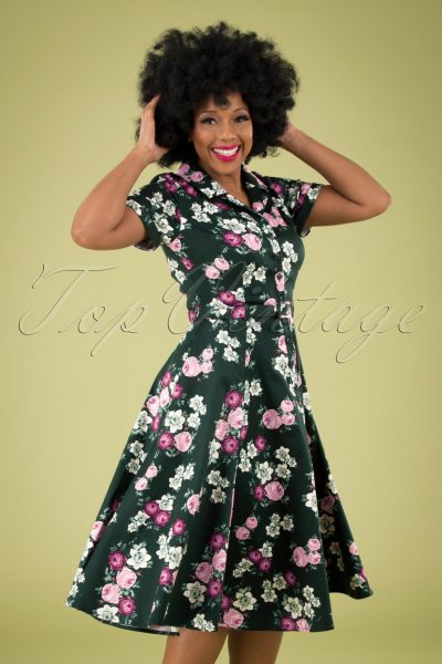 40s Caterina Vintage Bloom Swing Dress in Dark Green
