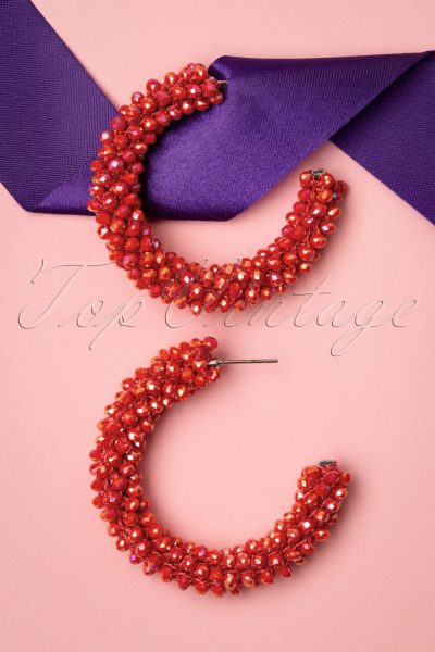 60s Beaded Hoop Earrings in Tomato Red