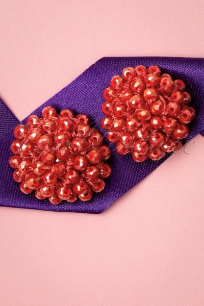 60s Bulb of Beads Earstuds in Tomato Red