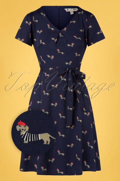 60s Sausage Dog Skater Dress in Navy