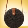 70s Coco Round Straw Bag in Black