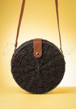 70s Coco Round Straw Bag in Black