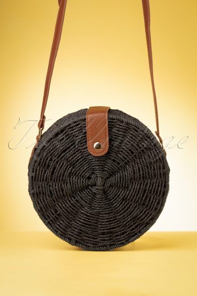 70s Coco Round Straw Bag in Black