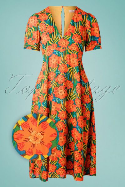 70s Mia Flower Swing Dress in Orange