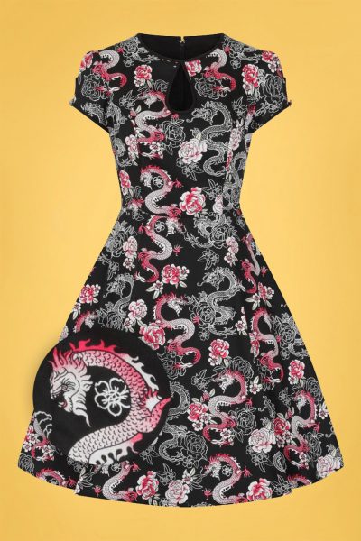 50s Mushu Dragon Swing Dress in Black