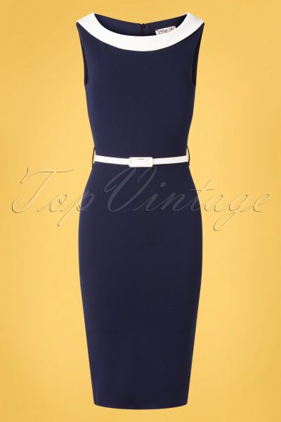 50s Bessy Pencil Dress in Navy and Ivory