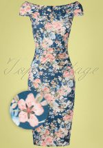 50s Donna Floral Pencil Dress in Blue