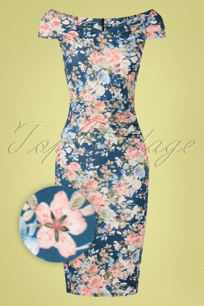 50s Donna Floral Pencil Dress in Blue