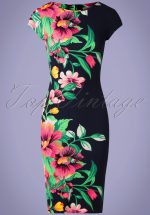 60s Aloha Tropical Garden Short Sleeves Pencil Dress in Navy