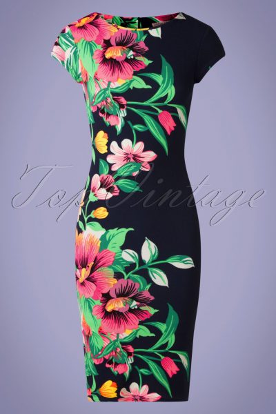60s Aloha Tropical Garden Short Sleeves Pencil Dress in Navy