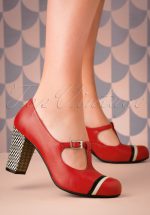 60s Madison Rojo Leather T-Strap Pumps in Red