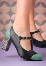 60s Madison Leather T-Strap Pumps in Navy and Aqua
