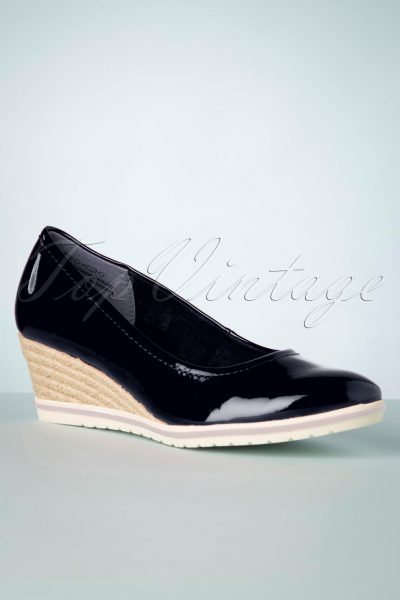 60s Rita Patent Wedges in Dark Navy