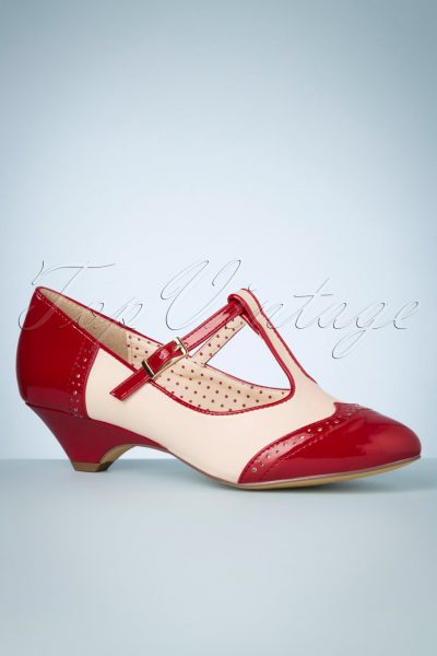 50s Ione Spectator T-Strap Pump in Red and White