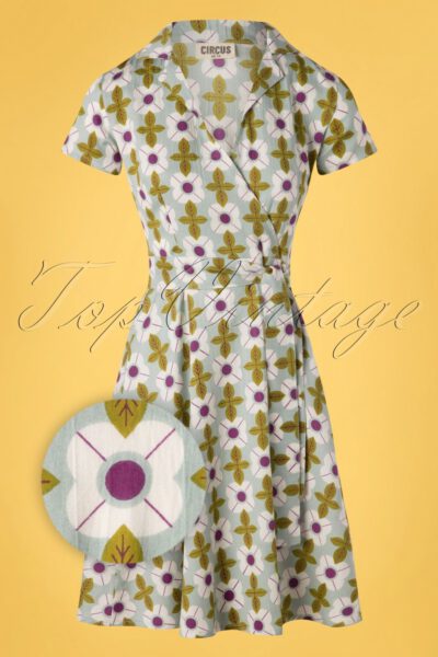 60s Cynthia Tile Floral Dress in Duck Egg Green