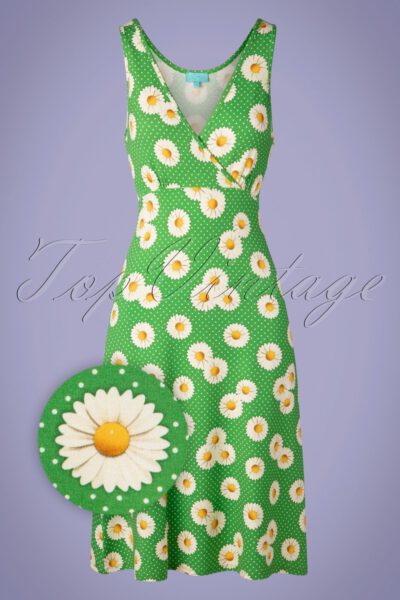 70s Flared Daisy Dress in Green