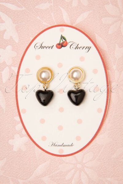 50s Pearl Heart Earrings in Black and Gold