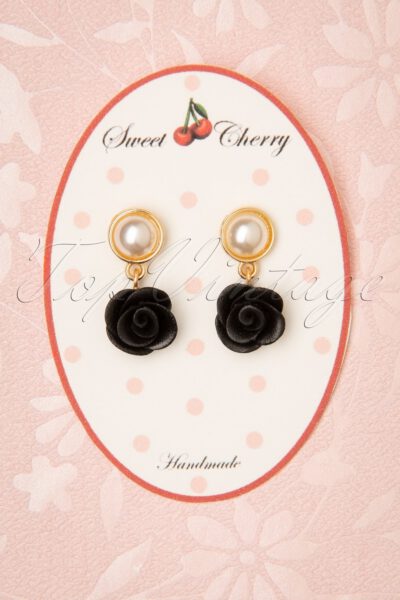 50s Pearl Rose Earrings in Black and Gold