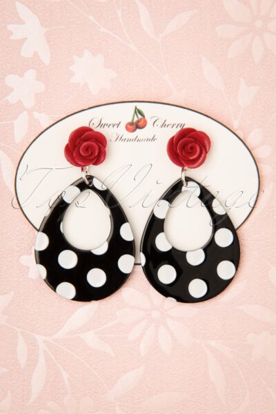 50s Polkadot Rose Drop Earrings in Black