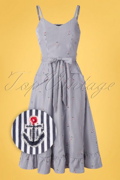 50s Andy Anchor Stripes Dress in Blue and White