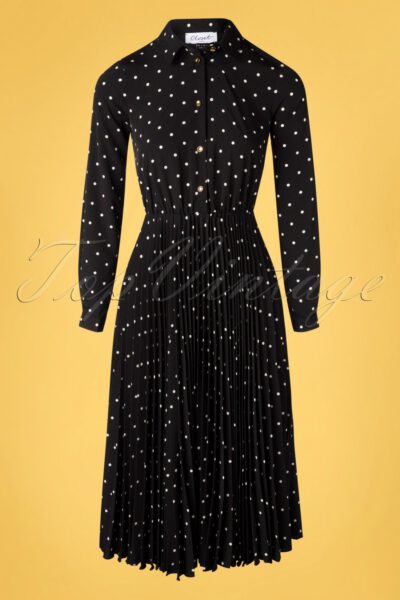 50s Penelope Polkadot Pleated Shirt Dress in Black