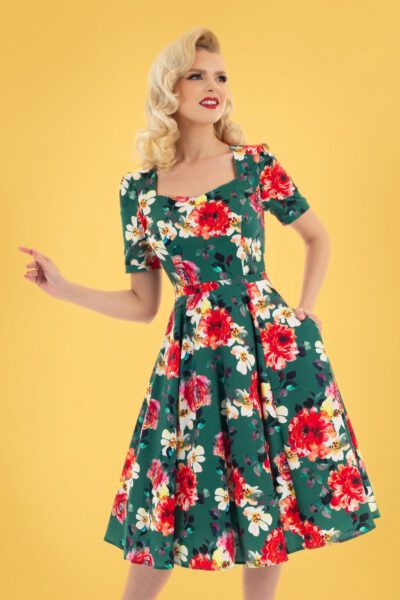 50s Pamela Floral Swing Dress in Green