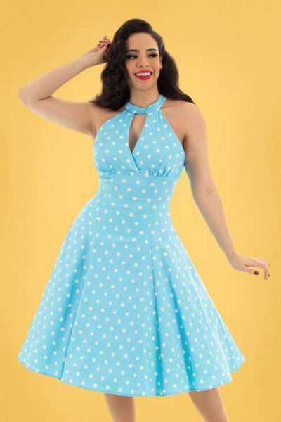 50s Dotty Polkadot Swing Dress in Light Blue