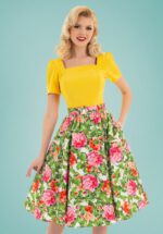 50s Francine Floral Swing Skirt in Green and Pink