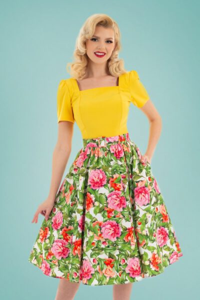50s Francine Floral Swing Skirt in Green and Pink