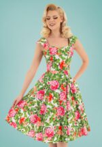 50s Penny Floral Swing Dress in Green and Pink