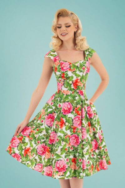 50s Penny Floral Swing Dress in Green and Pink