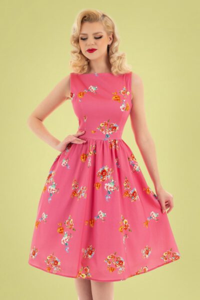 50s Polly Floral Swing Dress in Pink